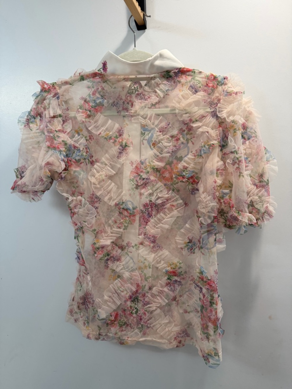 NWOT Sheer Floral Ruffle Button-Front Blouse in Light Pink - Picture 2 of 2